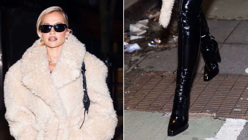 Rita Ora Goes All In on Winter Textures in Glossy Thigh-high Boots and a Teddy Coat in New York