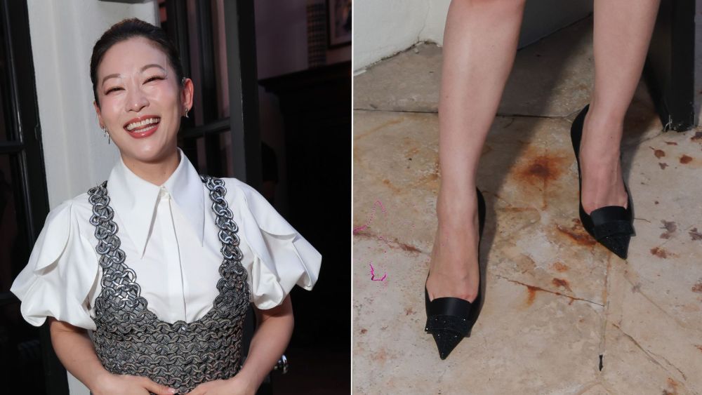 Arden Cho Layers Metallic Texture With Crystal-capped Sergio Rossi Pumps at the WIF Oscars Nominees Celebration